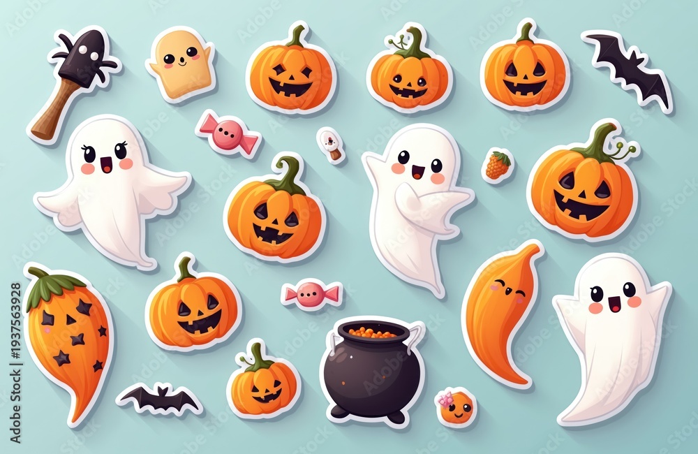 Fototapeta premium Cute Halloween icons smiling ghosts, carved pumpkins, bats, candies, and cauldron. Festive collection of cartoon characters and symbols for autumn holiday celebration. Fun seasonal decorations.