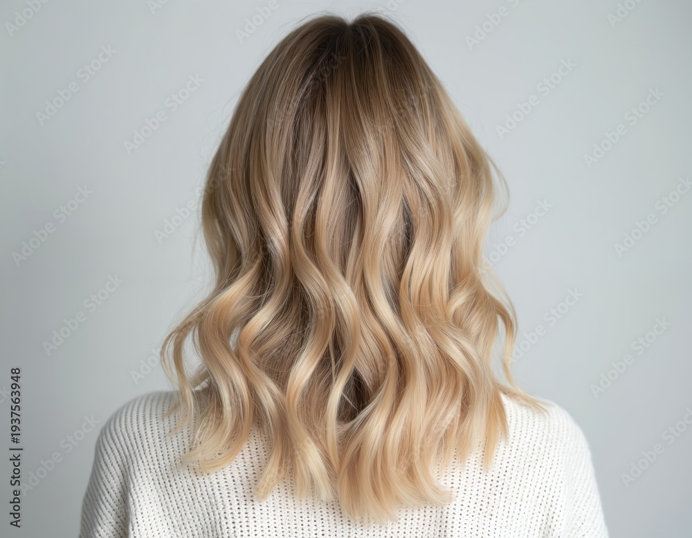 Fototapeta premium Rear view of woman with blonde wavy shoulder length hair. Healthy shiny hair with balayage color shows texture and volume. Good for hair care advertising.