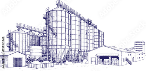 Crop Storage Factory Buildings Vector Set, Agricultural Warehouse Silhouette, Grain Storage Facility, Farm Industrial Buildings, Food Preservation Plant Line Art Collection