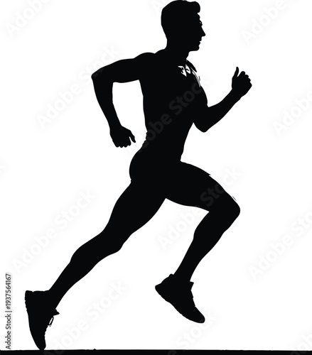 Black silhouette of running athlete isolated on white background, dynamic male runner sprinting in side view, fitness training, jogging exercise, sports activity vector style illustration