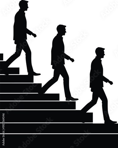 Businessman walking down staircase steps silhouette showing career decline, business failure concept, corporate crisis, professional setback, economic downturn metaphor isolated on white background