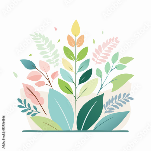 A serene botanical illustration of diverse leaves and plants in various colors and shapes, viewed from a straightforward perspective.