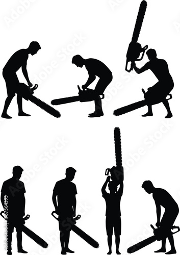 Chainsaw worker silhouette set showing lumberjack holding chainsaw in different poses, forestry work concept, wood cutting activity, professional logger illustration isolated on white background