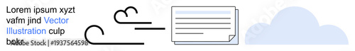 Data transfer, information flow, digital communication, cloud storage, automation, connectivity. Simplistic wind motion alongside a document and a cloud icon. Data transfer and cloud storage concept