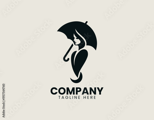 Elegant woman with umbrella in clean modern fashion silhouette vector illustration style