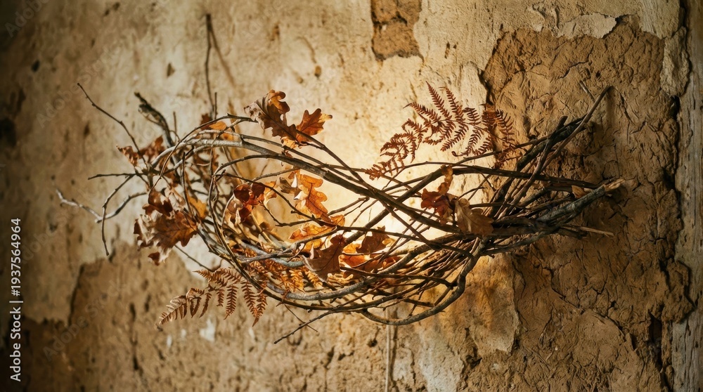 Fototapeta premium Rustic Autumn Arrangement of Dried Twigs and Leaves on Textured Wall