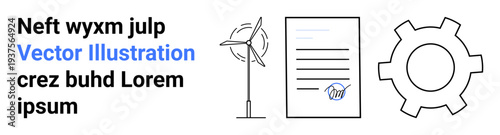 Wind turbine, signed document, and a gear symbol convey renewable energy, legal commitments, technological progress. Ideal for energy, contracts, innovation, environmental policies agreements