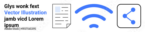 Digital communication, wireless networking, file sharing, online collaboration, technology integration, remote access. Document icon, wireless symbol share button. Digital communication and wireless