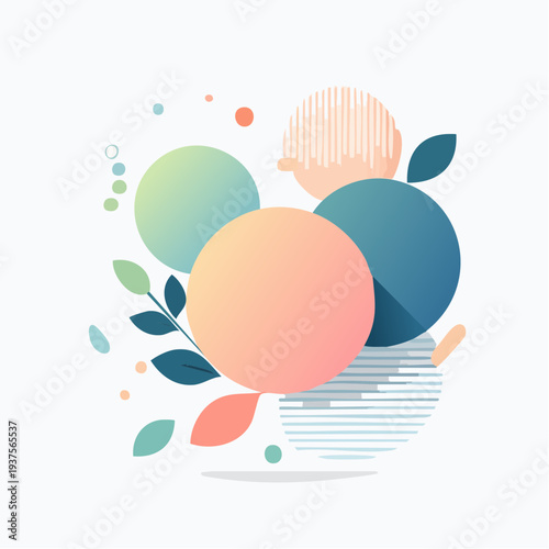 Abstract illustration of leaves and circles in various colors and shapes, showcasing a mix of natural elements and geometric forms