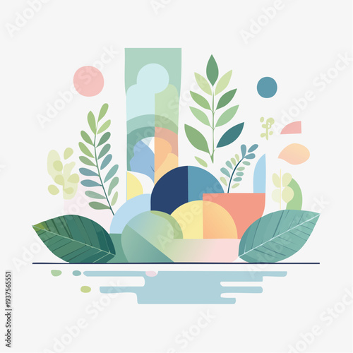 Serene illustration of leaves and plants surrounding abstract shapes in a calm environment from a frontal viewpoint