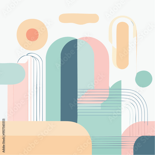 An abstract illustration of shapes and lines in pastel colors from a straightforward viewpoint