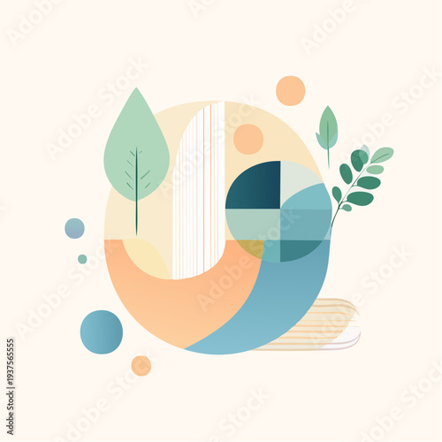 Abstract illustration featuring leaves and geometric shapes in a harmonious composition with pastel colors from an overhead viewpoint