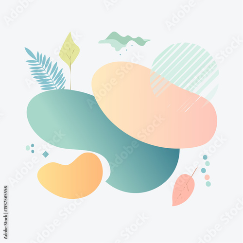 Abstract shapes and leaves in soft pastel colors, an illustrative composition viewed from directly above with varied textures and shapes.