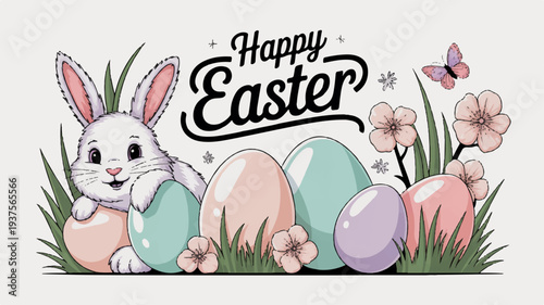 Easter bunny with colorful eggs and flowers on grass happy easter greeting card illustration