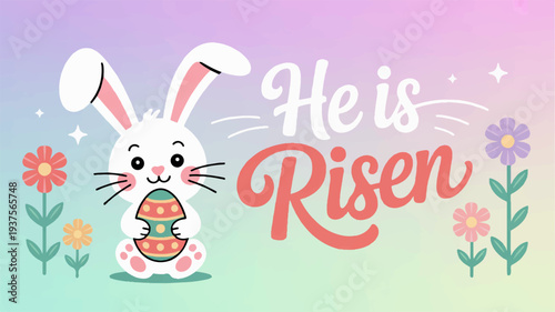 Easter bunny holds colorful egg he is risen text spring flowers pastel background