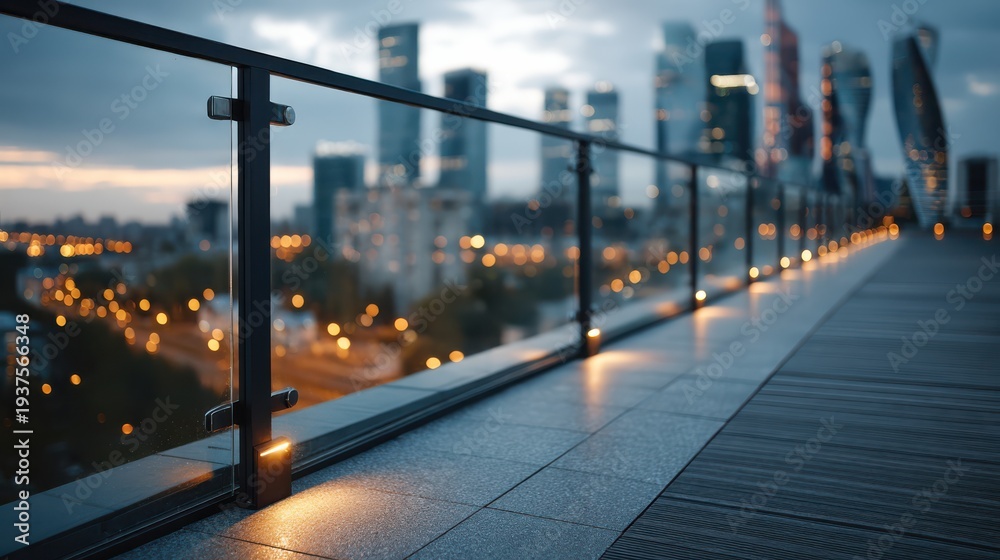 Naklejka premium A modern glass railing on a rooftop terrace overlooks a city skyline at dusk with illuminated skyscrapers and soft bokeh lights.