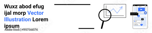 Digital marketing, business trends, app development, analytics, technology, research. Magnifying glass over chart and mobile interface. Digital marketing and business trends visually