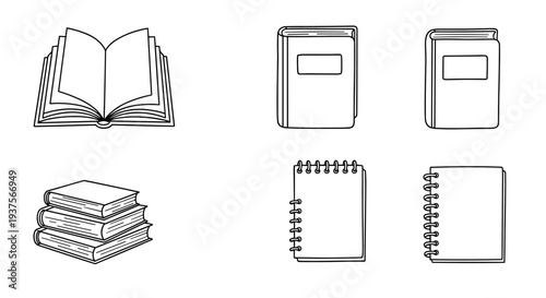  Set of books and notebooks in outline vector style, education and study materials collection with open book, stacked books and notepads