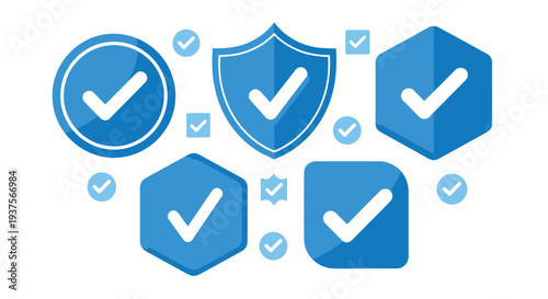 Set of blue verification icons with check marks in different shapes, security and approval symbols collection in flat vector style isolated on light background