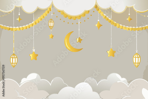 Golden ramadan decorations with crescent moon and stars against clouds