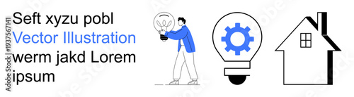 Sustainability, innovation, energy conservation, technology, renewable resources, smart home design. Man holding a plant near a light bulb with gear inside, and a house icon. Sustainability