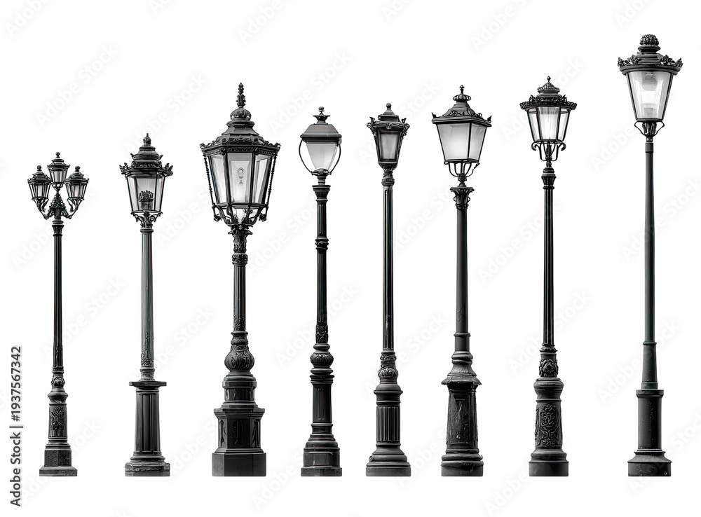 Fototapeta premium A row of antique-style lampposts, varying designs and shapes, illuminated
