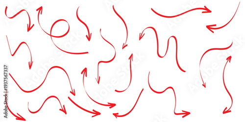 Hand drawn arrows icon set. Sketch curved arrows design. Arrow handmade. Doodle arrows of varios shapes and directions. Pointer and cursor icons.