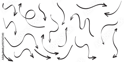 Hand drawn arrows icon set. Sketch curved arrows design. Arrow handmade. Doodle arrows of varios shapes and directions. Pointer and cursor icons.
