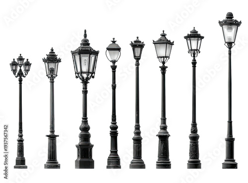A row of antique-style lampposts, varying designs and shapes, illuminated