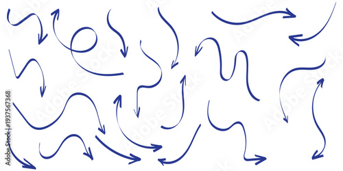 Hand drawn arrows icon set. Sketch curved arrows design. Arrow handmade. Doodle arrows of varios shapes and directions. Pointer and cursor icons.