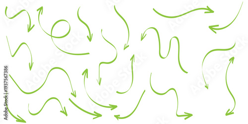 Hand drawn arrows icon set. Sketch curved arrows design. Arrow handmade. Doodle arrows of varios shapes and directions. Pointer and cursor icons.