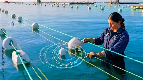 woman harvesting mussels on calm water, securing buoys and lines, inspecting shellfish with gloved hands, sunrise light on tranquil sea, worker in uniform standing waistdeep, sustainable