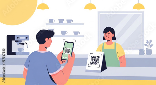 Modern Contactless QR Code Payment at Coffee Shop Counter Using Smartphone Vector Illustration