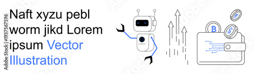 Cryptocurrency, blockchain, fintech, automation, stock market, digital wallets. Robot with digital wallet and coin symbols. Cryptocurrency and blockchain concept