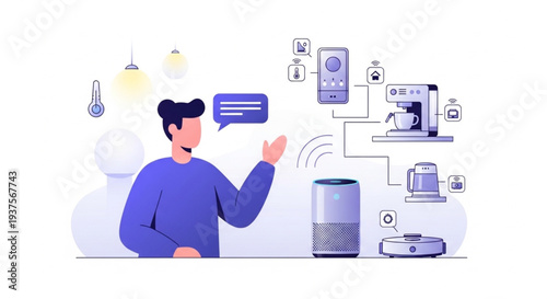 Internet of Things Smart Home Control with Voice Command Speaker and Connected Devices Vector