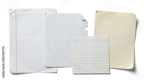 Canvastavla a selection of assorted lined and grid papers, including graph paper, notebook paper, and yellowed notepad pages, scattered on a transparent background for a dynamic composition