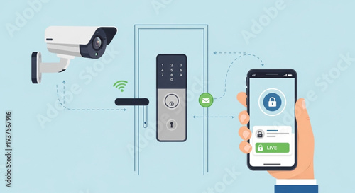 IoT Home Protection Concept Vector Showing Smart Door Lock, CCTV Camera and Mobile App Monitoring Technology