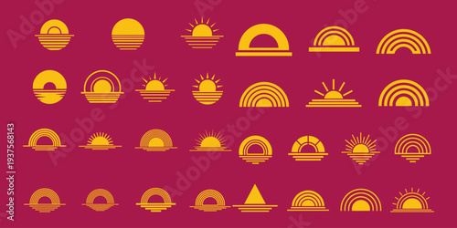 Modern sunset emblem collection featuring sun rays and sea lines. Simple flat vector graphics for travel and vacation marketing