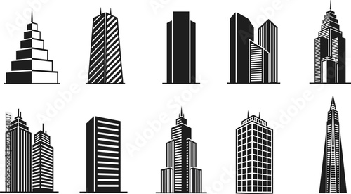 Black Silhouette Vector Icon Set of Modern Skyscraper Buildings High Rise City Architecture Office Towers and Urban Skyline Elements for Real Estate and Business