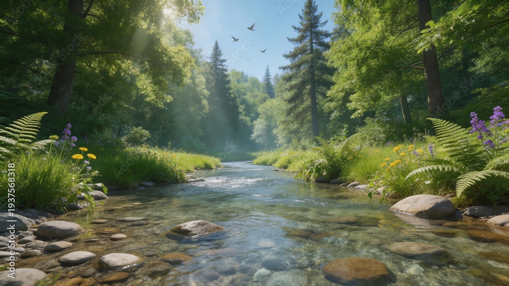 Obraz premium Sunlit Forest Stream with Clear Water 