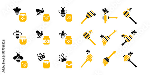 Minimal bee icon collection in bold yellow tone, clean flat vector design for natural and eco branding.