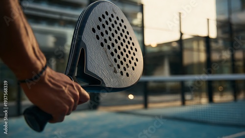 Cinematic view of a padel player holding a racket outdoors on a court at sunset