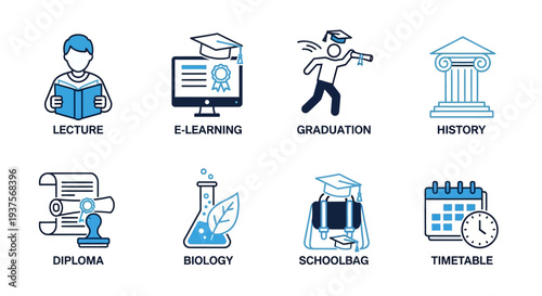 Education and School Icon Set Featuring E-Learning, Graduation, Biology, and Academic Symbols