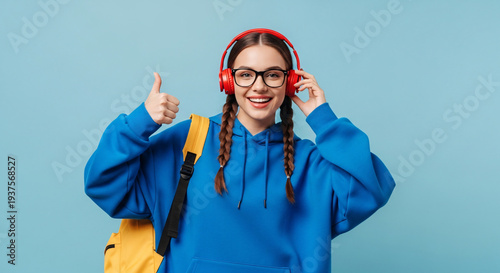 Young woman with headphones smiling wearing casual blue hoodie carrying yellow backpack giving thumbs up isolated on light blue background