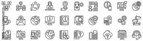 Frequently Asked Questions icons collection. Vector illustration. Question, CRM, Rating, Customer Service, Location, Service Agent. Pro Vector