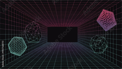 Futuristic 3d grid room with floating geometric shapes in neon colors abstract digital background with wireframe mesh spheres and cubes dark cyberpunk atmosphere with grid pattern