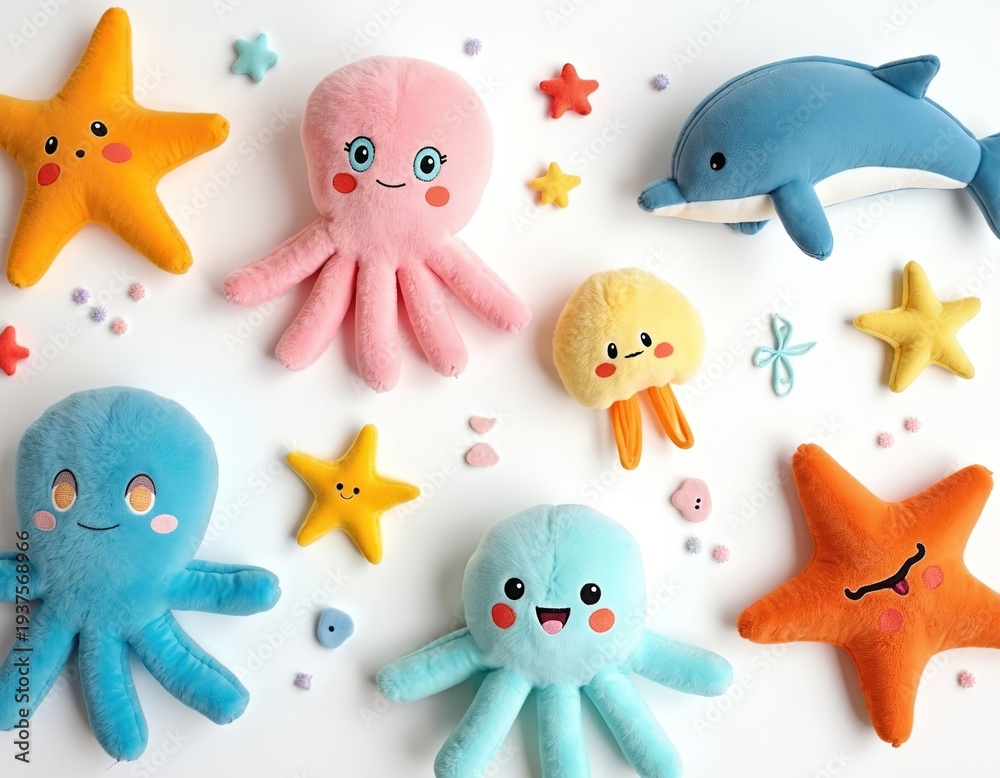 Obraz premium Cute plush sea creatures including octopuses, starfish, jellyfish. Smiling dolphin toy also present. Toys soft, colorful, arranged on white background. Adorable stuffed animals perfect for kids play.
