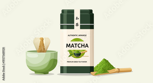 Matcha tea set with powder and whisk