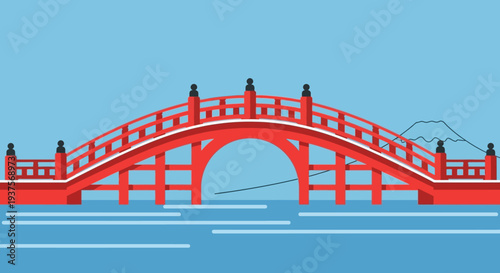 Red Japanese Bridge and Mount Fuji