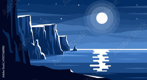 Pixel Art Night Coastline: Moonlit Sea and Cliffs